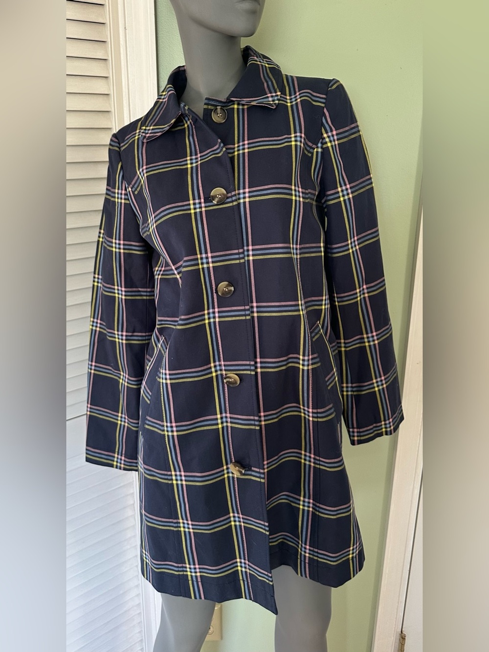 Talbots Navy And Yellow Plaid Women’s Trenchcoat Classic Preppy, Size XS NWT
